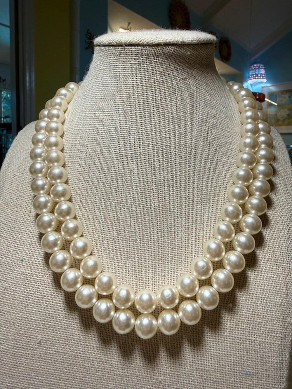 Vintage Japan Double Strand Faux Pearl Necklace Rhinestone Floral Clasp 16โ